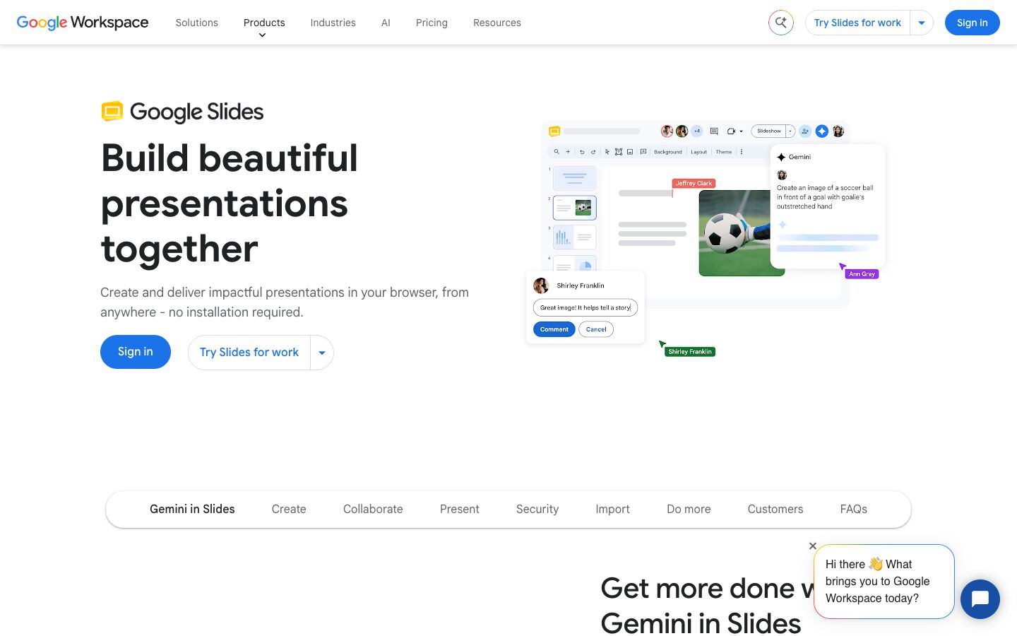 Google Slides product page with a Gemini side panel that makes an image for a slide