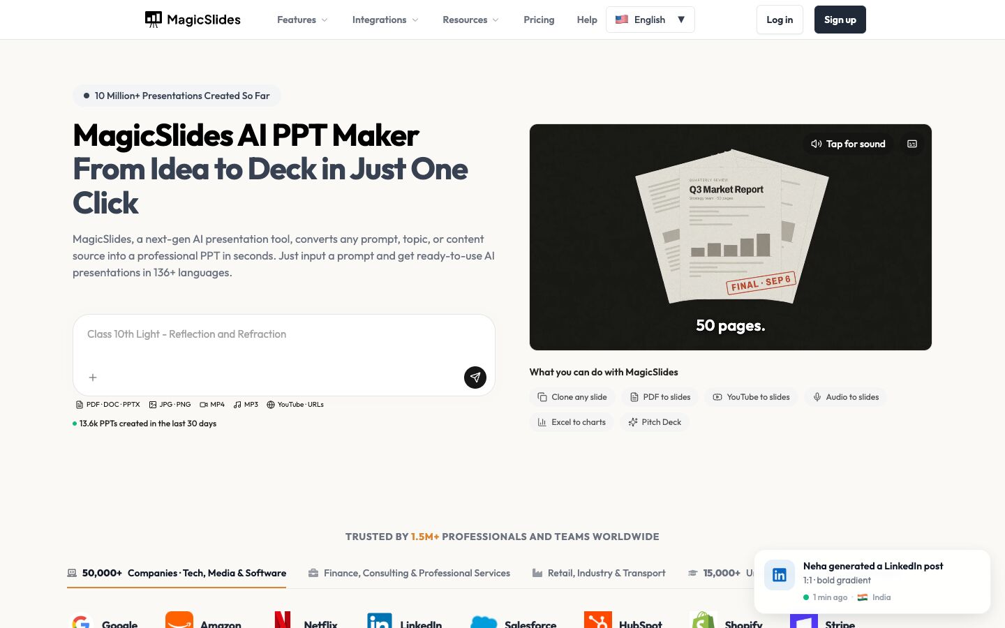 MagicSlides home page with a prompt box and source types: PDF, images, video, audio, and YouTube URL