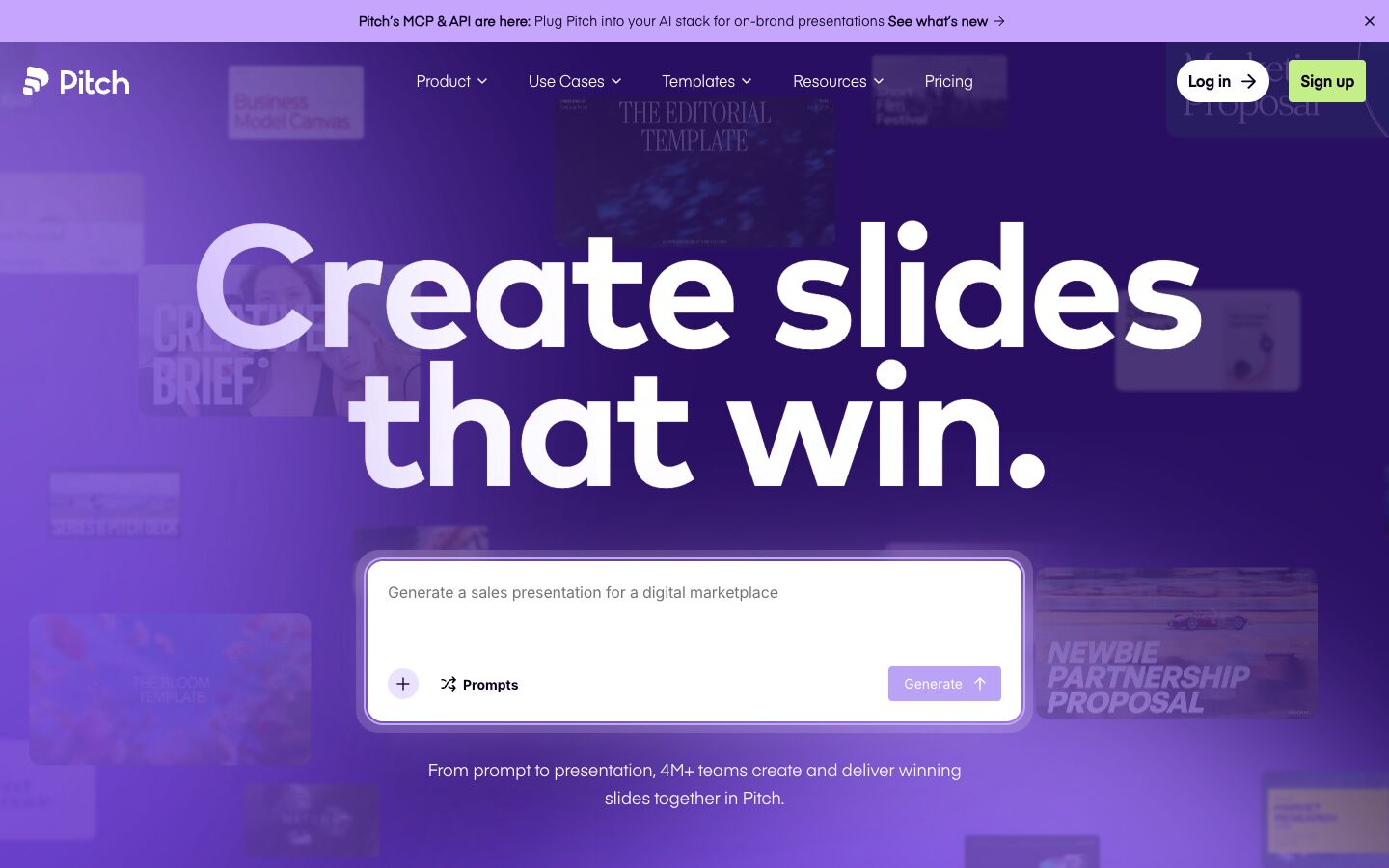 Pitch home page with the headline Create slides that win and a prompt box