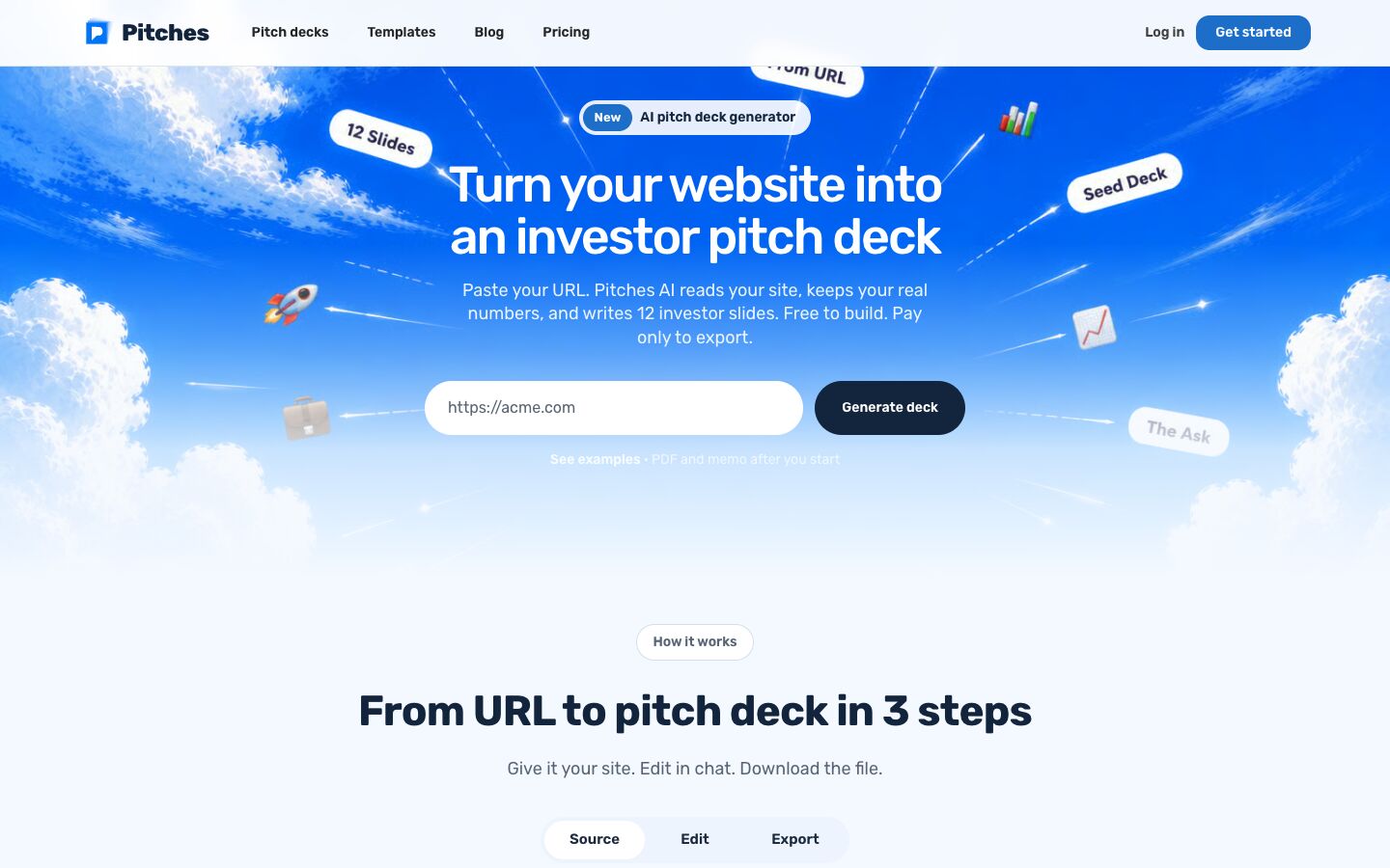 Pitches.ai home page with a box for the company URL and the button Generate deck