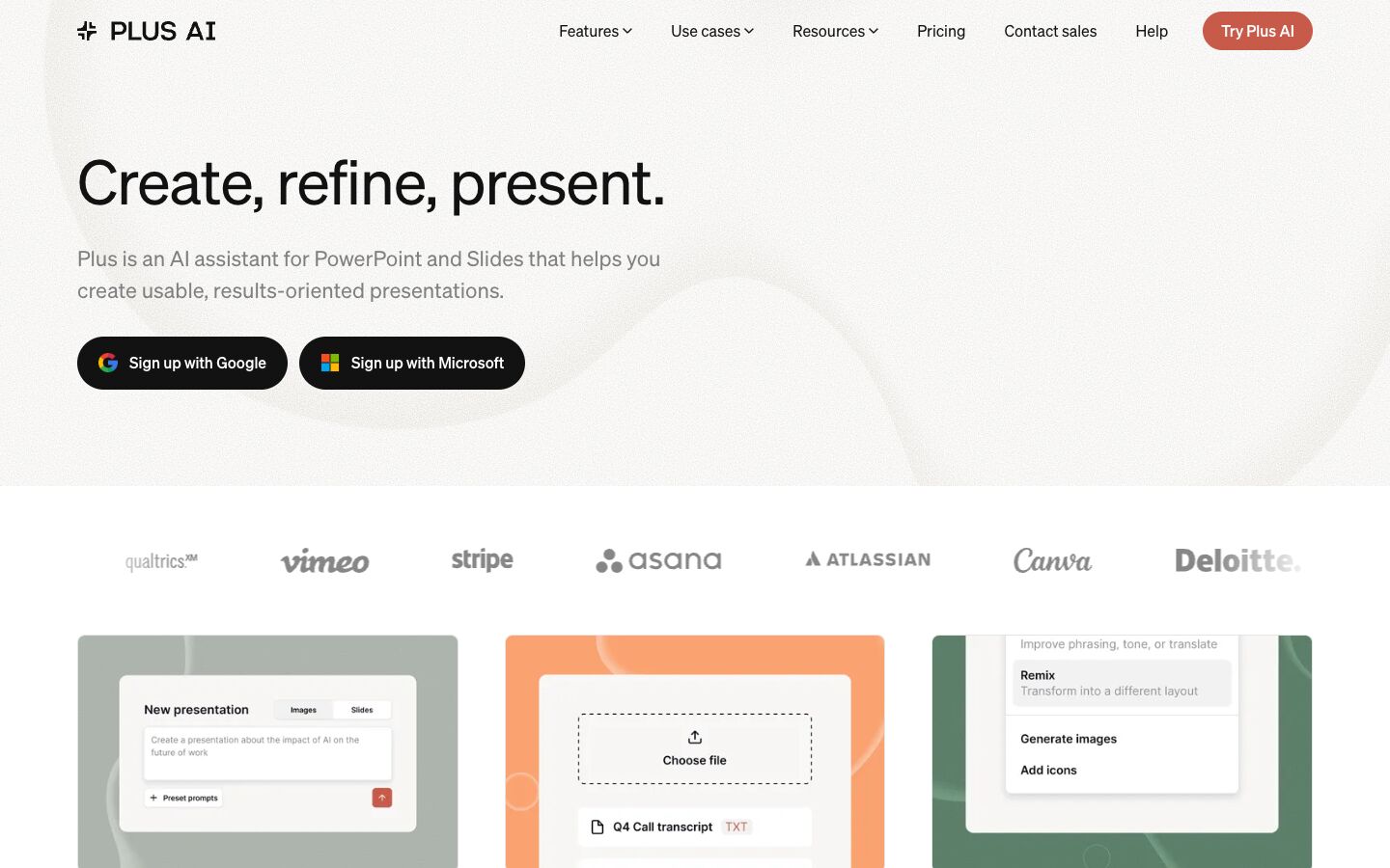 Plus AI home page with the headline Create, refine, present and three product cards