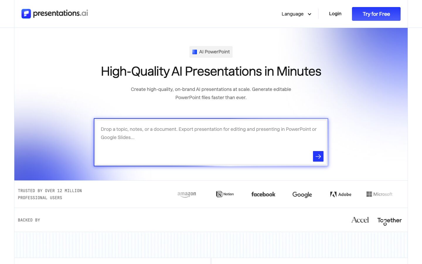 Presentations.AI home page with a prompt box for a topic, notes, or a document