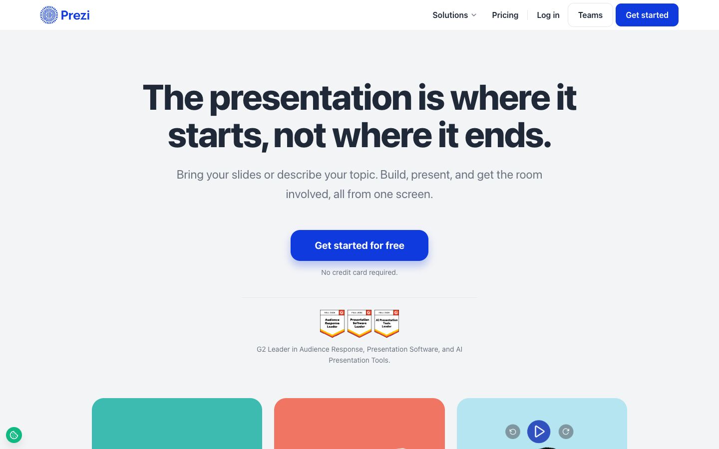 Prezi home page with the headline The presentation is where it starts, not where it ends