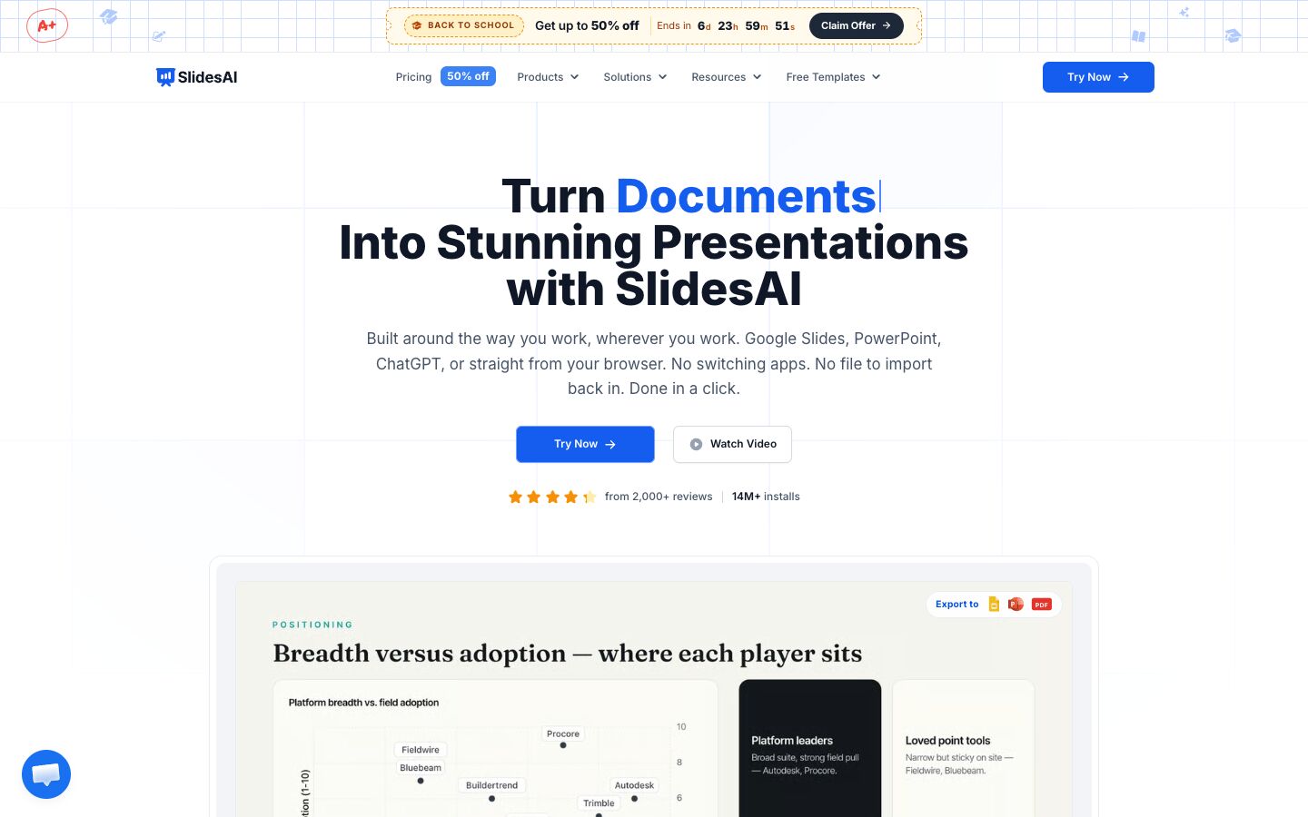 SlidesAI home page with the headline Turn Documents Into Stunning Presentations with SlidesAI and an example slide