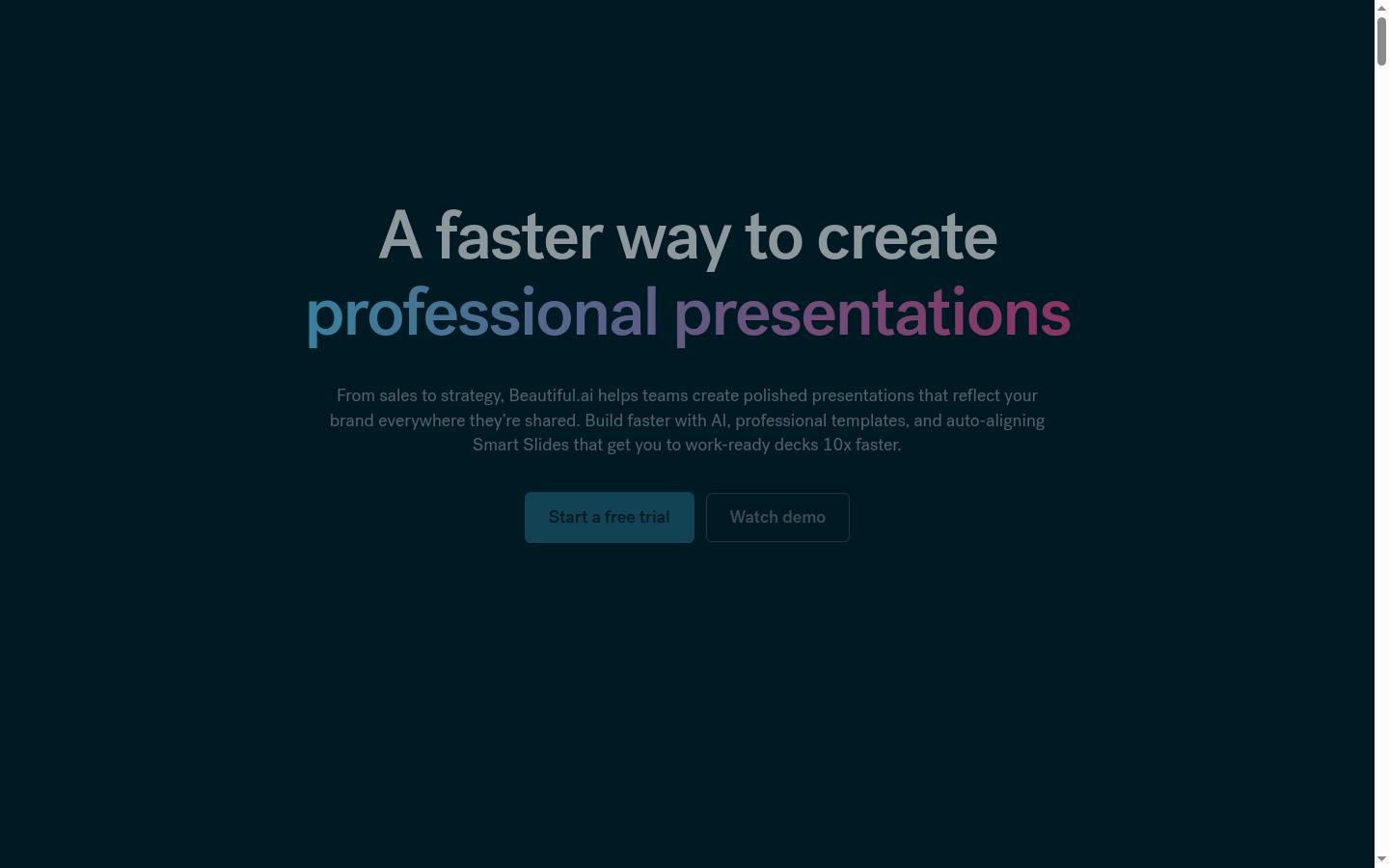 Beautiful.ai homepage showing a Sales Performance Overview slide in the presentation editor mock
