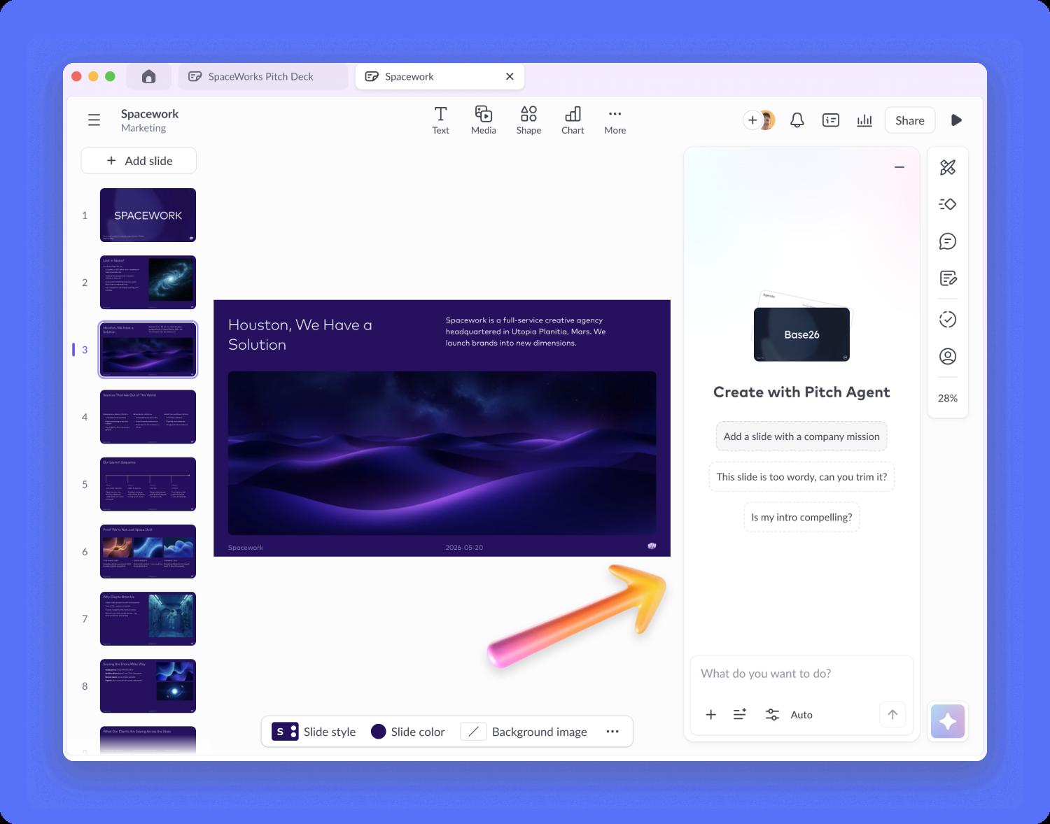 Pitch help center screenshot showing Pitch Agent chat inside the presentation editor