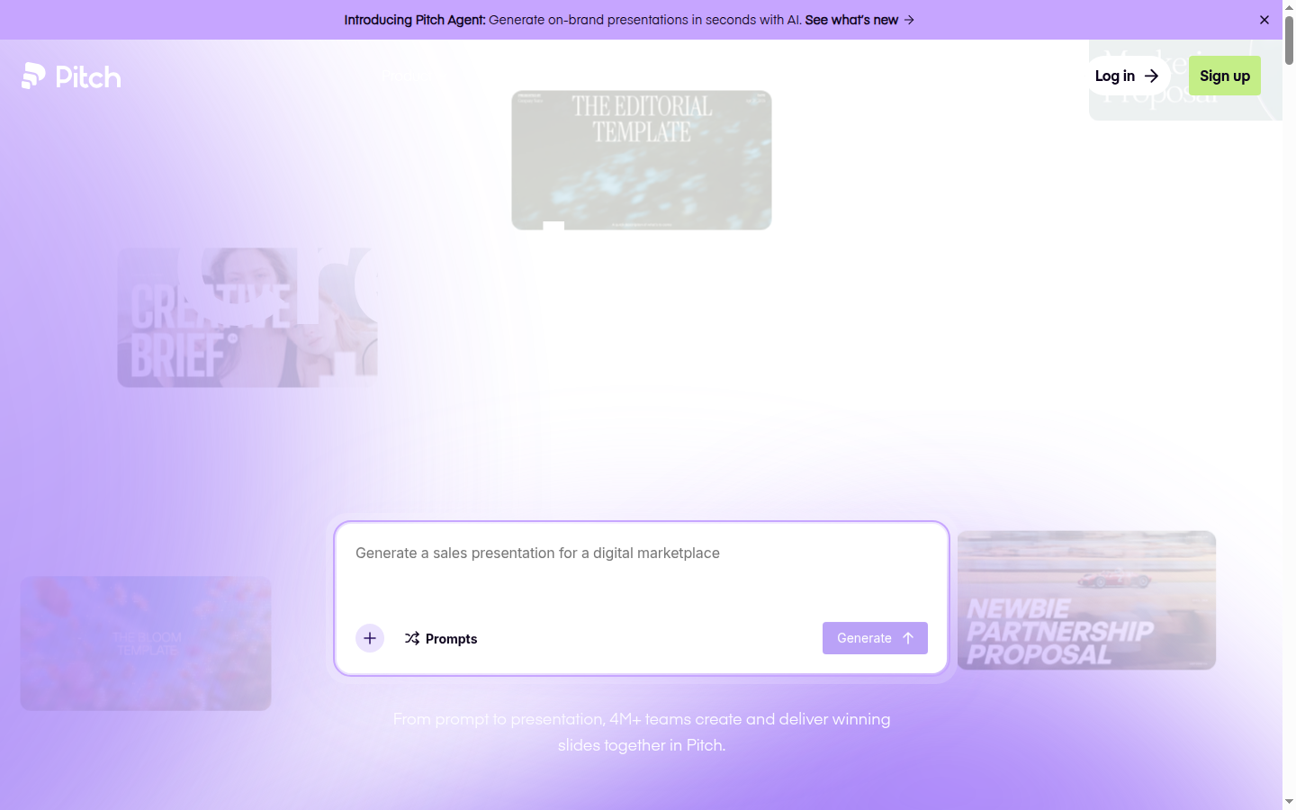Pitch homepage showing Create slides that win with an AI prompt box and template wall