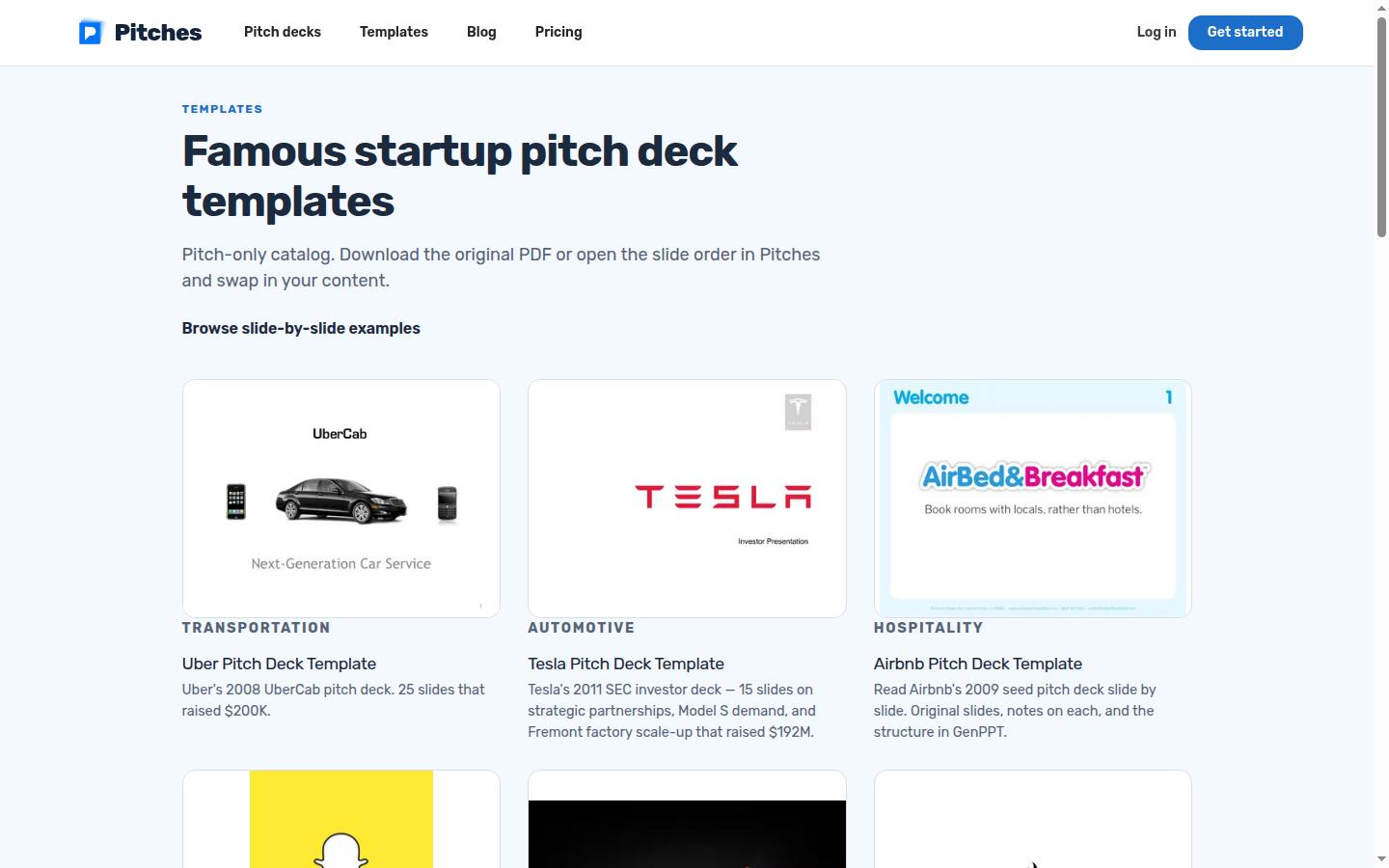 Pitches.ai templates page showing famous startup pitch deck templates for Uber, Tesla, and Airbnb