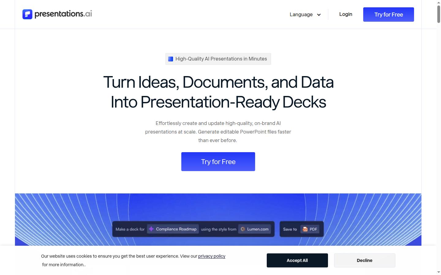Presentations.AI homepage showing Turn ideas documents and data into presentation-ready decks with prompt UI strip