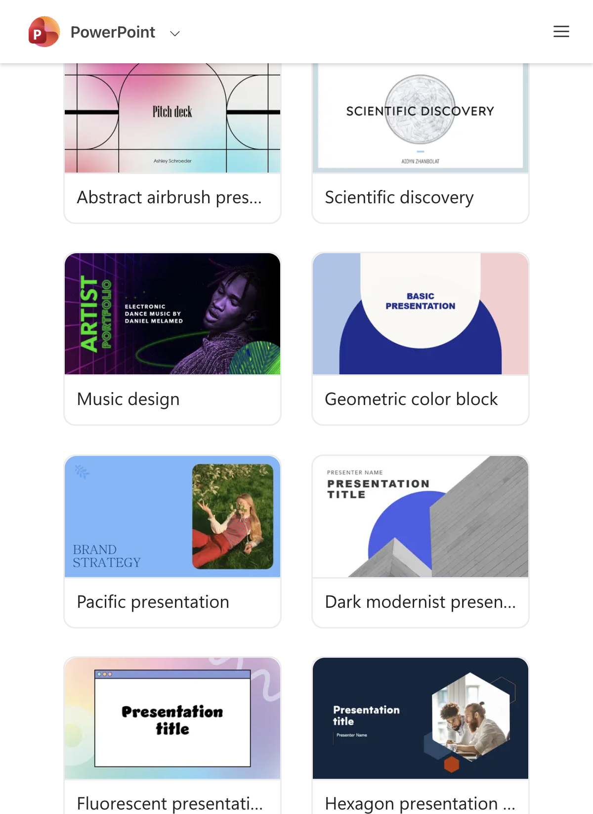 Microsoft Create presentation template gallery showing thumbnail previews for pitch decks, business slides, and minimalist layouts