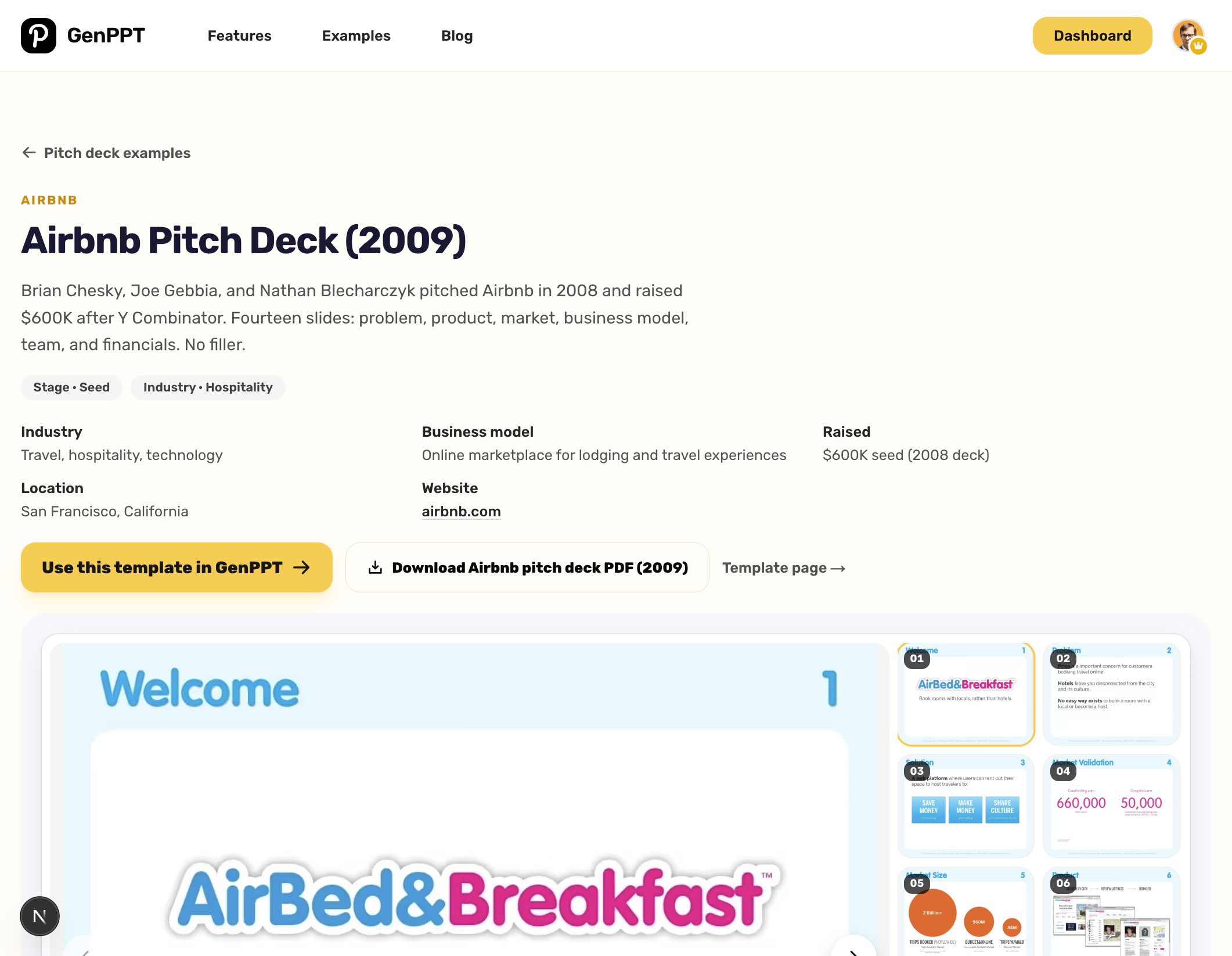 GenPPT pitch deck viewer showing Airbnb's 2009 deck with fourteen slide thumbnails and the cover slide selected