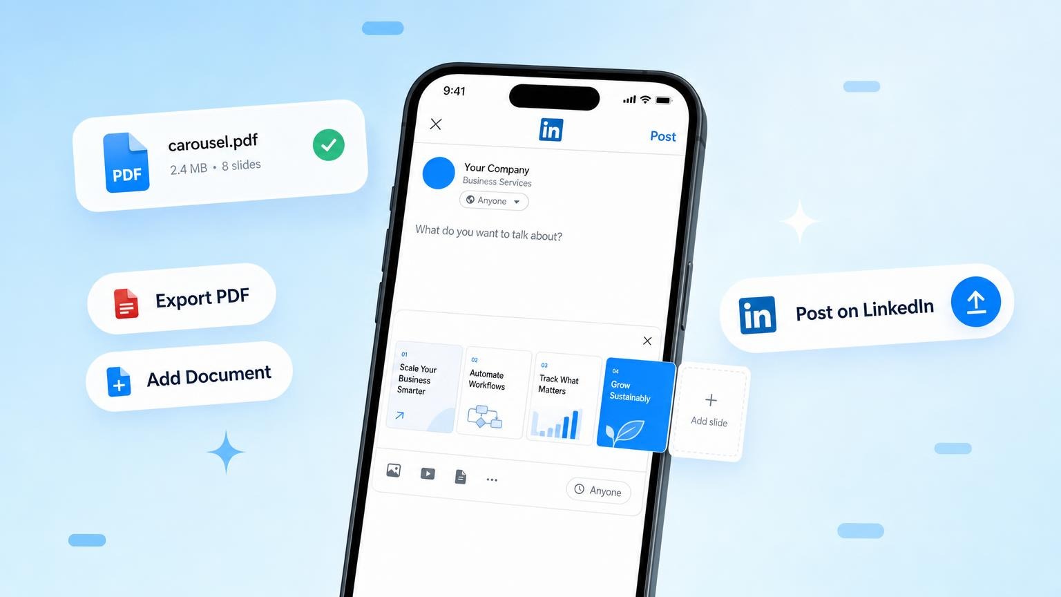 Export PDF and upload as a LinkedIn document post