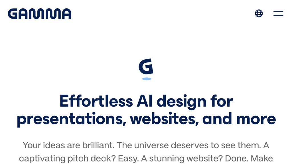 Gamma homepage with Effortless AI design for presentations, websites, and more headline and Start for free button