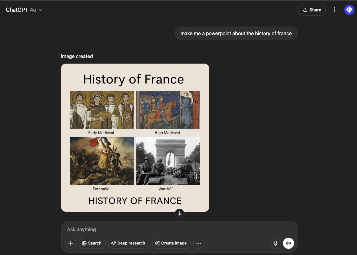 ChatGPT attempting to make a PowerPoint about the history of France. Screenshot of ChatGPT attempting to make a PowerPoint about the history of France. The result is a single slide with the title 'History of France' and four images labeled Early Medieval, High Medieval, Freewar, and War.